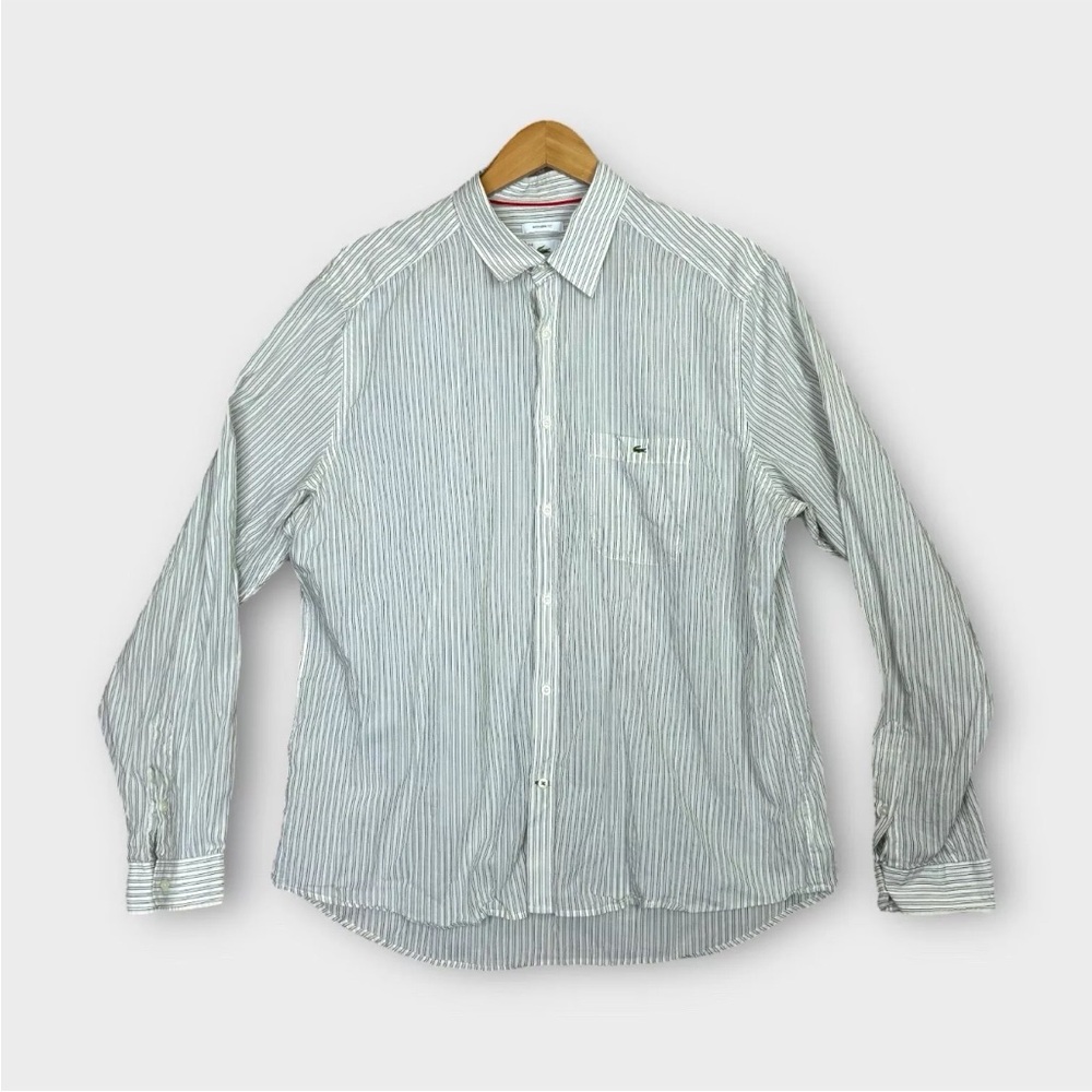Lacoste Modern Fit Long Sleeve Button Shirt Men's 44 Blue White Stripe Cotton